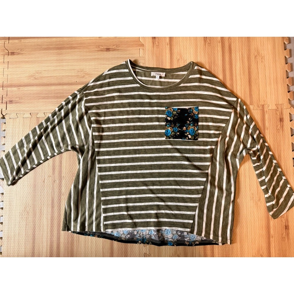 UMGEE OLIVE Striped BLUE Floral chest pocket Top/Shirt/Blouse Mixed Media sz 1XL
